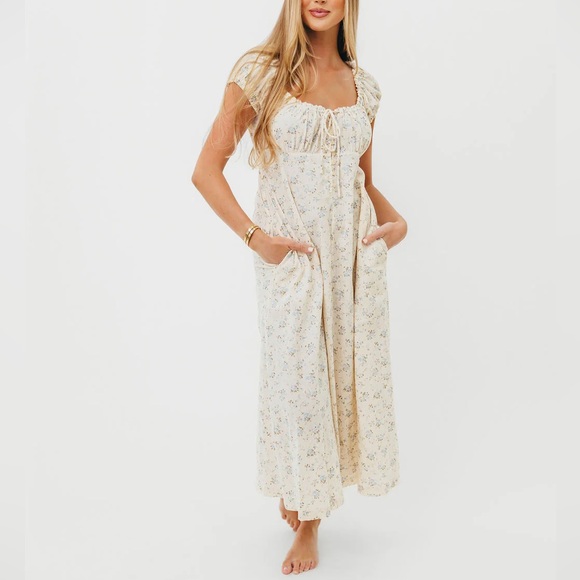 Worth Collective Marley Floral Print Cottage Midi Dress Ivory Blue Sz M - Picture 14 of 14